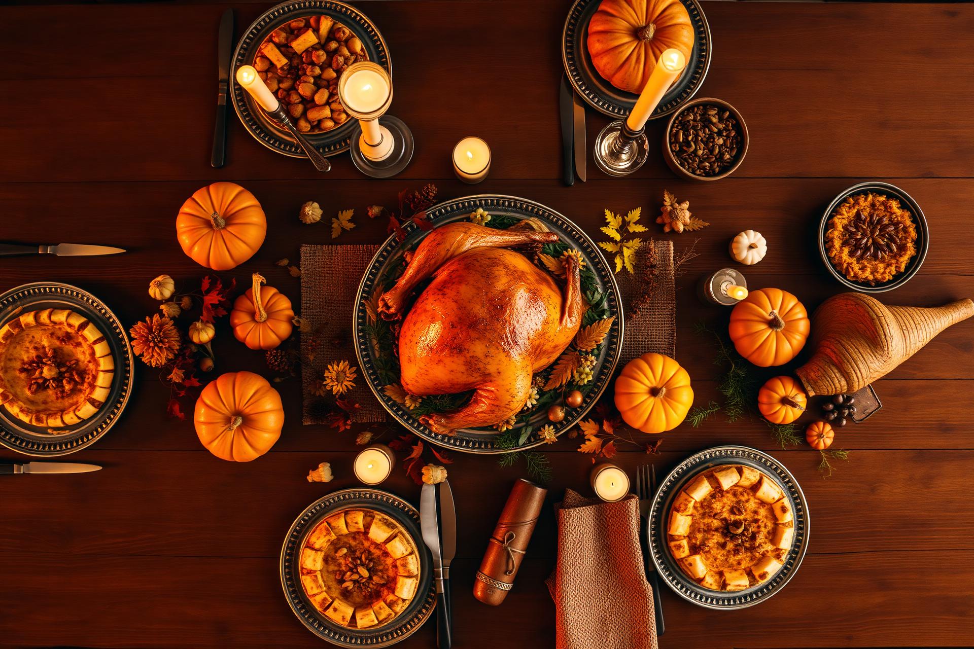 A warm Thanksgiving table set with roast turkey, pumpkins, and candles
